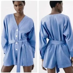 NWOT $50 ZARA LINEN BLEND BELTED SHORT JUMPSUIT ROMPER MID BLUE Sz S Price FIRM